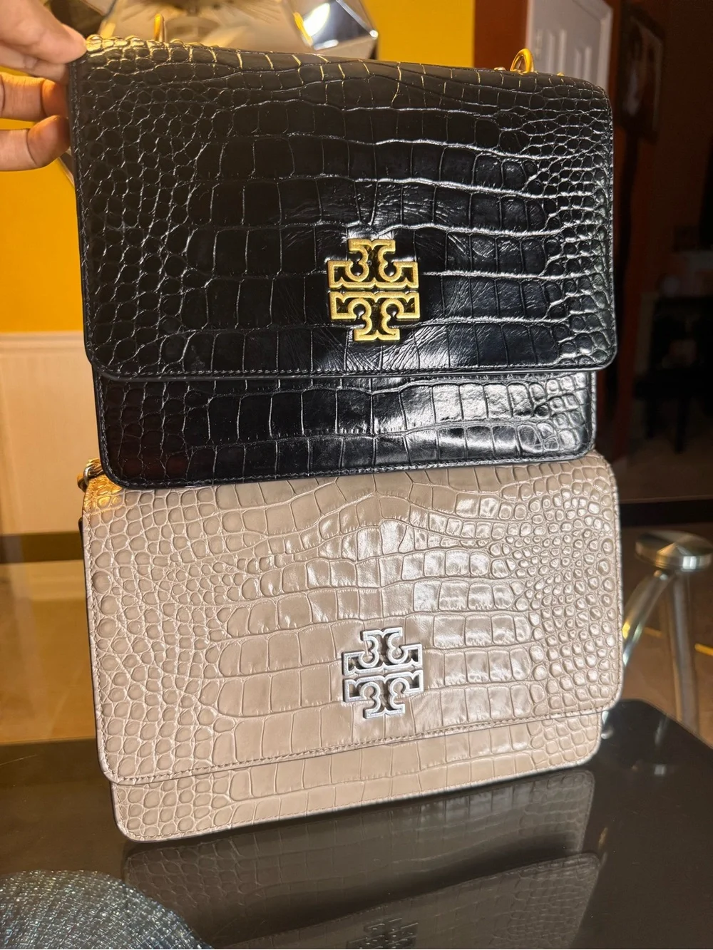 Tory Burch Britten Crocodile Adjustable Shoulder Bag in Black
